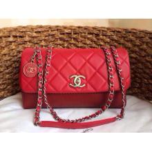 Best Chanel Clemence Leather Classic Double Flap Shoulder Bag with Chanel Badge Red