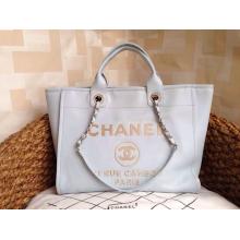 Best Quality Replica Chanel Leather with Embroidery CC Logo Shopping Tote Bag Pale Blue Online Sale