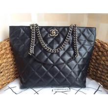 Fake Chanel Quilted Calfskin Leather Shopping Shoulder Tote Bag Black