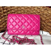 Luxury Imitation Chanel Classic WOC Lambskin Leather Wallet On Chain Bag Fushia
