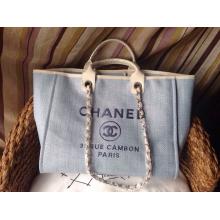 Top Chanel Deauville Canvas Tote Bag Light Blue Cruise 2014 US